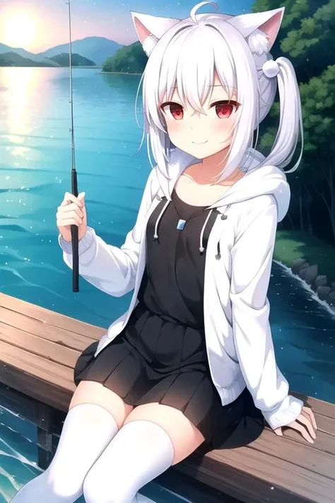 1girl, flat chest, short hair, white hair, ahoge, messy hair, payot, twintails, short twintails, animal ears, animal ear fluff, bat ears, bangs, hair between eyes, bat hair ornament, seductive smile, empty eyes, red eyes, glowing eyes, black dress, short dress, pleated skirt, hooded jacket, white jacket, open jacket, open clothes, white hood, hood down, long sleeves, wide sleeves, sleeves past wrists, sleeves past fingers, white thighhighs, zettai ryouiki, boots, white footwear, lake, trees, boats, sunset, pier, reflection, peaceful, small town, nature, tranquility, summer, water, sky, vacation, fishing, relaxation, Wisconsin, from_below, cinematic_angle, between_legs, masterpiece, best quality, official art, extremely detailed CG unity 8k wallpaper, artbook, yuzu-soft, kobuichi, muririn,