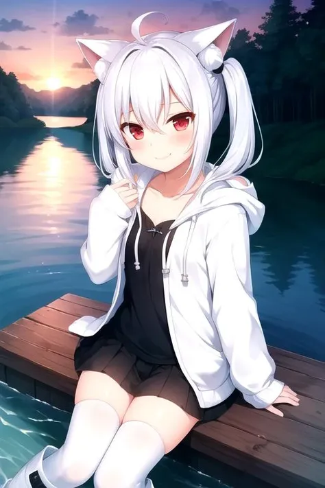 1girl, flat chest, short hair, white hair, ahoge, messy hair, payot, twintails, short twintails, animal ears, animal ear fluff, bat ears, bangs, hair between eyes, bat hair ornament, seductive smile, empty eyes, red eyes, glowing eyes, black dress, short dress, pleated skirt, hooded jacket, white jacket, open jacket, open clothes, white hood, hood down, long sleeves, wide sleeves, sleeves past wrists, sleeves past fingers, white thighhighs, zettai ryouiki, boots, white footwear, lake, trees, boats, sunset, pier, reflection, peaceful, small town, nature, tranquility, summer, water, sky, vacation, fishing, relaxation, Wisconsin, from_below, cinematic_angle, between_legs, masterpiece, best quality, official art, extremely detailed CG unity 8k wallpaper, artbook, yuzu-soft, kobuichi, muririn,