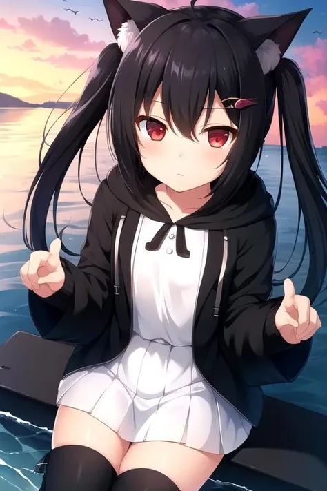 1girl, flat chest, short hair, black hair, ahoge, messy hair, payot, twintails, short twintails, animal ears, animal ear fluff, bat ears, bangs, hair between eyes, bat hair ornament, expressionless, empty eyes, red eyes, glowing eyes, white dress, short dress, pleated skirt, hooded jacket, black jacket, open jacket, open clothes, black hood, hood down, long sleeves, wide sleeves, sleeves past wrists, sleeves past fingers, black thighhighs, zettai ryouiki, boots, black footwear, lake, trees, boats, sunset, pier, reflection, peaceful, small town, nature, tranquility, summer, water, sky, vacation, fishing, relaxation, Wisconsin, from_below, cinematic_angle, between_legs, masterpiece, best quality, official art, extremely detailed CG unity 8k wallpaper, artbook, yuzu-soft, kobuichi, muririn,