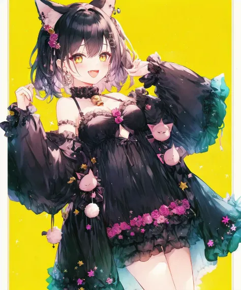 1girl, cat, jacket, animal ears, black jacket, multicolored hair, open jacket, solo, open clothes, shorts, black hair, mole, cleavage cutout, blue hair, cat ears, hair ornament, smile, black cat, long sleeves, bangs, sleeves past wrists, hairclip, looking at viewer, black shorts, piercing, shirt, mole under mouth, breasts, animal, open mouth, animal ear fluff, cleavage, clothing cutout, nail polish, jewelry, bell, :d, short hair, two-tone background, hand up, animal on shoulder, ear piercing, streaked hair, yellow eyes, blush, hair between eyes, tongue, grey background, twitter username, jingle bell, sitting, virtual youtuber, earrings, cat girl, signature, medium breasts