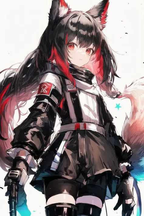 solo, texas (arknights), black hair, 1girl, tail, animal ears, multicolored hair, gloves, looking at viewer, two-tone hair, jacket, red hair, long hair, fingerless gloves, pantyhose, long sleeves, wolf ears, black gloves, white jacket, black pantyhose, wolf tail, capelet, shorts, cowboy shot