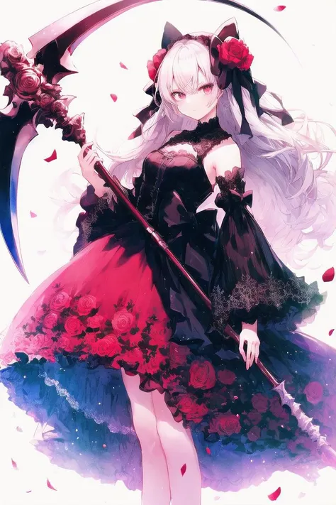 1girl, scythe, solo, long hair, holding, holding scythe, flower, rose, looking at viewer, detached sleeves, black background, dress, bangs, hair between eyes, long sleeves, weapon, holding weapon, frills, white sleeves, bow, red flower, red dress, bare shoulders, black bow, wide sleeves, simple background, petals, white hair, red rose, skirt, standing