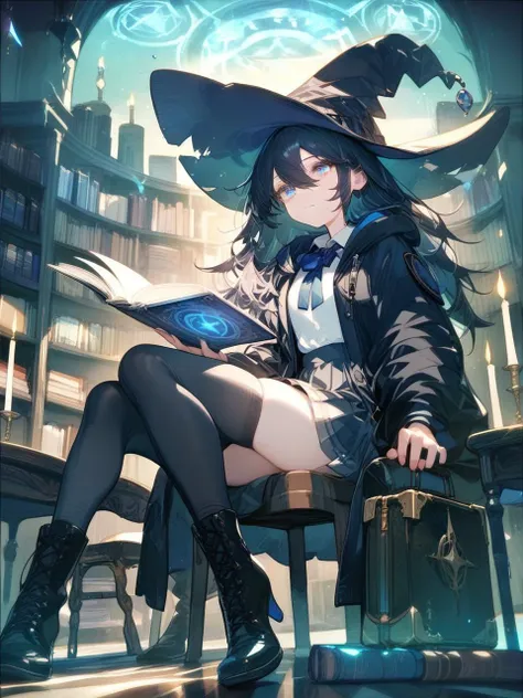 1girl, book, hat, solo, witch hat, thighhighs, sitting, skirt, blue eyes, boots, long hair, holding, shirt, indoors, holding book, white shirt, black hair, candle, black footwear, bow, bookshelf, looking at viewer, black headwear, bowtie, pleated skirt, witch, collared shirt, book stack, long sleeves, open book, suitcase, hair between eyes, closed mouth, bangs, blue bowtie, open clothes, blue bow, jacket, magic, checkered floor, high heels, full body, library, magic circle, high heel boots, candlestand, window, chair, black thighhighs, zettai ryouiki, black jacket, coat, open jacket, expressionless, high quality, masterpiece, very aesthetic, recent