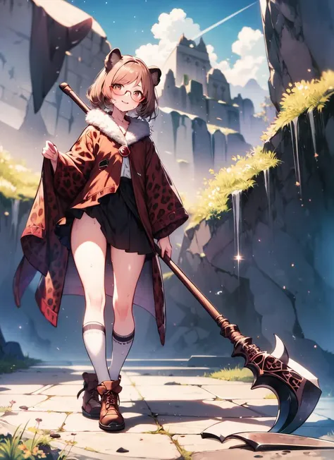 ((best quality)), ((highly detailed)), masterpiece, , (1girl), (glasses), multiple views, full body, ((wet knee socks)), -(leopard girl, brown eyes), leopard ears, leopard tail, leopard-print fur, large fangs, (outdoors, in a dark stone cave, stalagmite, stalactites, twilight, shooting star, sunnyday), <lora:Chun-paretto-augmented-v1-ANL:1>, scythe, holding scythe