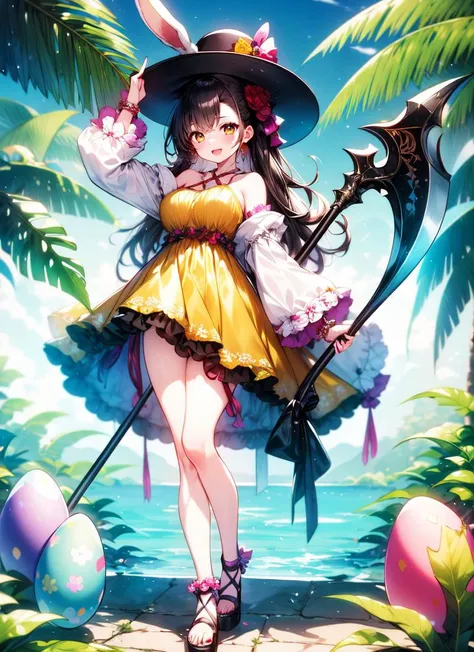 ((best quality)), ((highly detailed)), masterpiece, , <lora:more_details:.4>, (1girl), dynamic pose, full body, wide shot, ((criss-cross halter)), ((rabbit girl)), (viera), black hair, animal_ears, (kemonomimi), :D, very long hair, large breasts, wide hips, sun hat, hand on headwear, (yellow dress), long dress, long sleeves, necklace, bracelet, sandals, in spring, ((Easter eggs)), (outdoors, at a jungle, jungle canopy, morning, hurricane), <lora:Chun-paretto-augmented-v1-ANL:1>, scythe, holding scythe