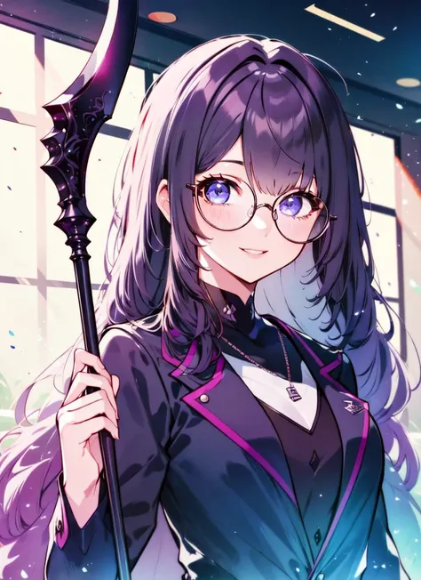 ((best quality)), ((highly detailed)), detailed face, beautiful face, , (1girl), (glasses), upper body, nerd, <lora:LoraRoundGlassesV1:.6>, round glasses, thick rimmed glasses, smile, (inside, at a casino, (3girls)), <lora:Chun-paretto-augmented-v1-ANL:1>, scythe, holding scythe