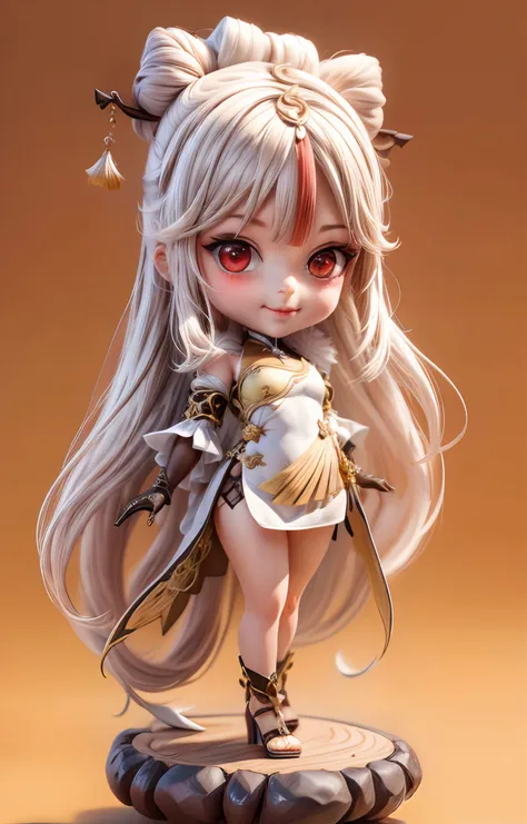 1girl, white hair, red eyes,parted bangs,smile,tassel hair ornament
black gloves, high heels, dress, hair ornament, chinese clothes,elbow gloves,tassel,claw ring, white dress,black footwear,bare shoulders,
solo,looking at viewer,(full body:1.2),(chibi),sideways,nobility,(5 fingers, detailed hand:1.5)
(simple background),Standing on a round stone platform,Light yellow background,(Solid background)
Soft light and shadow,[Backlight],
{{masterpiece}}, {best quality}, {highres},8k wallpaper
(beautiful detailed face)
<lora:add_detail:1.5>, <lora:blindbox_v1_mix:1>,  ningguang (genshin impact), <lora:ningguang2:1>