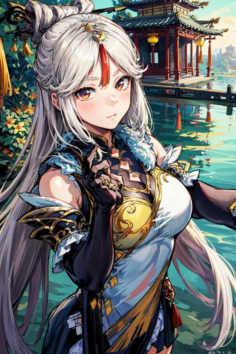thick outlines, comics, photorealistic, masterpiece:1.2, 1girl, solo, <lora:ningguang2:1>, ningguangdef, chinese temple, chinese town, detailed background, detailed face, detailed eyes, <lora:add_detail:0.7>