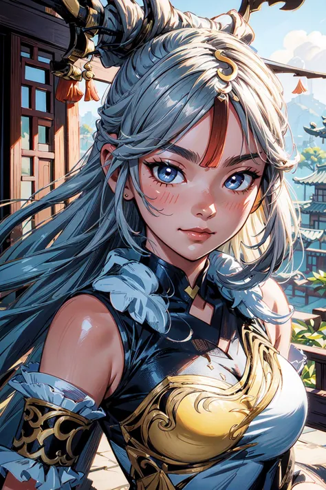 thick outlines, comics, photorealistic, masterpiece:1.2, 1girl, solo, <lora:ningguang2:1>, ningguangdef, chinese temple, chinese town, detailed background, detailed face, detailed eyes, <lora:add_detail:0.7>