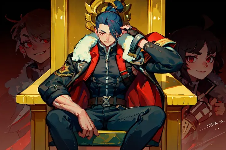 ultra detailed, masterpiece, best quality, (solo:1.3), <lora:lrfactory-lf48:0.75>,
smile, black and red theme, throne room, sitting, arm rest, hand on own chin,
1boy, red eyes, <lora:Tsurime3:1>, (tsurime:1.2), black hair, undercut, top knot, parted bangs, bangs, long bangs, short hair, hair intakes, tall,
, (coat on shoulders:1.3), dress shirt, sleeves rolled up, fingerless gloves, holster, pants, belt, multiple belts, combat boots, bulletproof vest, black coat,