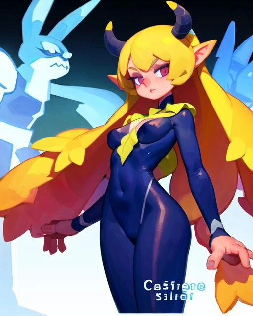 cute girl with big hips in a tight yellow suit. Anime style, big amber eyes, detailed eyes, big fluffy green hair, hair dynamic, hair volume. Action pose. Perspective angle. Dynamic lightning.