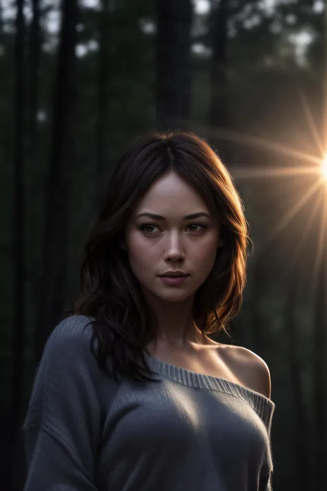 real life raw photo of a woman (0lg4kury:0.99), full body photoshoot, full round fac, (brown off the shoulder sweater:1.1), (forest clearing:1.1), ((sun rising:1.2)), photo of the most beautiful artwork in the world, cinematic lightning, highly detailed, professional majestic oil painting by Ed Blinkey, Atey Ghailan, Studio Ghibli, by Jeremy Mann, Greg Manchess, Antonio Moro, trending on ArtStation, trending on CGSociety, Intricate, High Detail, (Sharp focus:1.1), dramatic, photorealistic painting art by midjourney and greg rutkowski, natural light, (morning haze:1.2), ((looking at viewer)), (detailed pupils:1.3), <lora:LowRa_2:0.8>, <lora:add_detail:0.7>