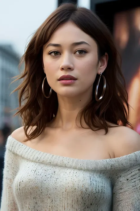photo of (okuryl3nko:0.99), a woman as a movie star, modelshoot style, (extremely detailed CG unity 8k wallpaper), photo of the most beautiful artwork in the world, professional majestic oil painting by Ed Blinkey, Atey Ghailan, Studio Ghibli, by Jeremy Mann, Greg Manchess, Antonio Moro, trending on ArtStation, trending on CGSociety, Intricate, High Detail, Sharp focus, dramatic, photorealistic painting art by midjourney and greg rutkowski, (sexy knitted sweater), (long jeans:1.2), ((movie premiere)), ((standing near a movie theater)), ((paparazzi in the background)), (looking at viewer:1.2), (detailed pupils:1.3), (modern outfit:1.2), ((closeup portrait:1.2)), red lips, hoop earrings