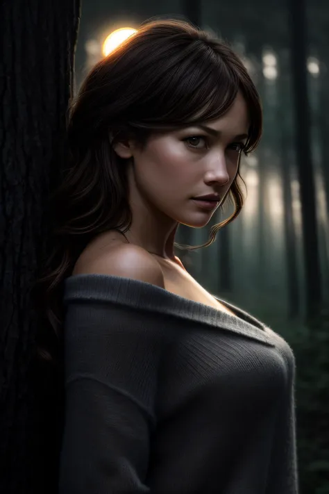 real life raw photo of a woman (0lg4kury:0.99), full body photoshoot, full round fac, (brown off the shoulder sweater:1.1), (forest clearing:1.1), ((sun rising:1.2)), photo of the most beautiful artwork in the world, cinematic lightning, highly detailed, professional majestic oil painting by Ed Blinkey, Atey Ghailan, Studio Ghibli, by Jeremy Mann, Greg Manchess, Antonio Moro, trending on ArtStation, trending on CGSociety, Intricate, High Detail, (Sharp focus:1.1), dramatic, photorealistic painting art by midjourney and greg rutkowski, natural light, (morning haze:1.2), ((looking at viewer)), (detailed pupils:1.3), <lora:LowRa_2:0.8>, <lora:add_detail:0.7>