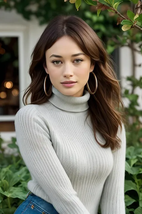 photo of (okuryl3nko:0.99), a woman as a sexy TikTok influencer, (standing in her garden), modelshoot style, ((closeup portrait:1.2)), (extremely detailed CG unity 8k wallpaper), photo of the most beautiful artwork in the world, professional majestic (photography by Steve McCurry), 8k uhd, dslr, natural lighting, high quality, Fujifilm XT3 sharp focus, f 5.6, High Detail, dramatic, (turtleneck:1.2), ((tight long jeans:1.1)), ((house in the background)), (looking at viewer:1.2), (detailed pupils:1.3), (natural light), (seductive), (smile512), hoop earrings