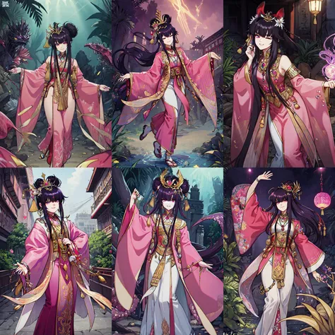 (otherworldly, otherworldly atmosphere, otherworldly appearance), highly insanely detailed, masterpiece, top quality, best quality, highres, 4k, 8k, RAW photo, ((ancient egyptian theme:1.2)), 
(long_hair, long hair, random colors hair, glowing hair, hair over one eye, long messy hair), 
(eyelashes, eyeliner, eyeshadow, eyelashes), 
collar, earrings, jewelry, necklace, armlet, 
tentacle, (underwater), nsfw, 
Homestay, Resort, Guest House, 
building, structure, still life, swirling energy, 
action pose, 
drunk, closed eyes, 
abandoned building, shopping mall, overgrown with vegetation, [volumetric fog], cinematic lighting, colorful, 
anime screencap, 1 girl, solo, purple hair, short hair, low tiwntails, heart shapped top knot, purple eyes, pink chinese clothes, long sleeves, head ornament, tiara, evil smile, laughting, full body, cowboyshot, outdoors , <lora:Zhao Jun:0.8>, (fantasy world)