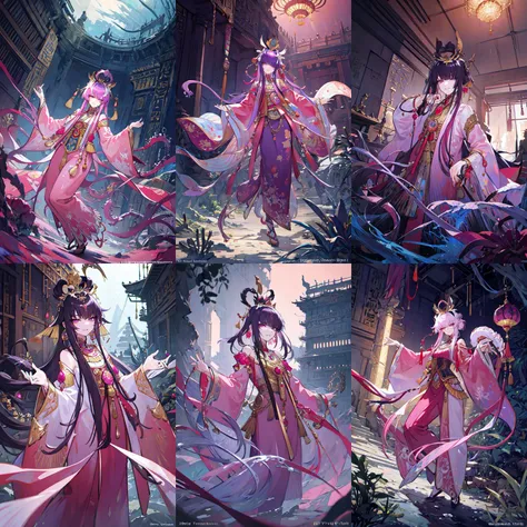 (otherworldly, otherworldly atmosphere, otherworldly appearance), highly insanely detailed, masterpiece, top quality, best quality, highres, 4k, 8k, RAW photo, ((ancient egyptian theme:1.2)), 
(long_hair, long hair, random colors hair, glowing hair, hair over one eye, long messy hair), 
(eyelashes, eyeliner, eyeshadow, eyelashes), 
collar, earrings, jewelry, necklace, armlet, 
tentacle, (underwater), nsfw, 
Homestay, Resort, Guest House, 
building, structure, still life, swirling energy, 
action pose, 
drunk, closed eyes, 
abandoned building, shopping mall, overgrown with vegetation, [volumetric fog], cinematic lighting, colorful, 
anime screencap, 1 girl, solo, purple hair, short hair, low tiwntails, heart shapped top knot, purple eyes, pink chinese clothes, long sleeves, head ornament, tiara, evil smile, laughting, full body, cowboyshot, outdoors , <lora:Zhao Jun:0.8>, (fantasy world)