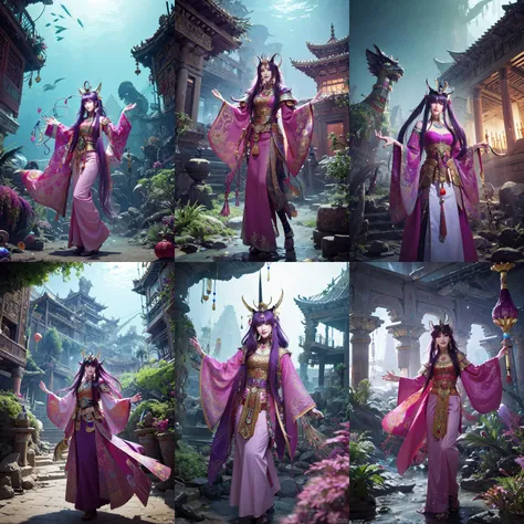 (otherworldly, otherworldly atmosphere, otherworldly appearance), highly insanely detailed, masterpiece, top quality, best quality, highres, 4k, 8k, RAW photo, ((ancient egyptian theme:1.2)), 
(long_hair, long hair, random colors hair, glowing hair, hair over one eye, long messy hair), 
(eyelashes, eyeliner, eyeshadow, eyelashes), 
collar, earrings, jewelry, necklace, armlet, 
tentacle, (underwater), nsfw, 
Homestay, Resort, Guest House, 
building, structure, still life, swirling energy, 
action pose, 
drunk, closed eyes, 
abandoned building, shopping mall, overgrown with vegetation, [volumetric fog], cinematic lighting, colorful, 
anime screencap, 1 girl, solo, purple hair, short hair, low tiwntails, heart shapped top knot, purple eyes, pink chinese clothes, long sleeves, head ornament, tiara, evil smile, laughting, full body, cowboyshot, outdoors , <lora:Zhao Jun:0.8>, (fantasy world)