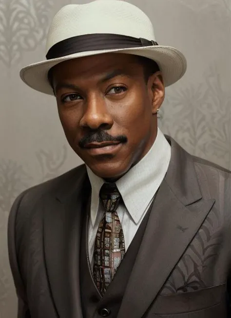 em1, man, one man, mustache, man wearing (("Wide-lapel suit with contrasting vest, snap-brim fedora hat, two-tone wingtip shoes, patterned tie")), masculine, photorealistic painting,  portrait, stunningly attractive(extremely detailed 8k wallpaper), highly detailed face, intricate, 8k, highly detailed, volumetric lighting, digital painting, intense, sharp focus, art by artgerm and rutkowski and alphonse mucha, cgsociety,  vibrant, dynamic atmosphere, photorealistic,
 <lora:EddieMurphy:1>