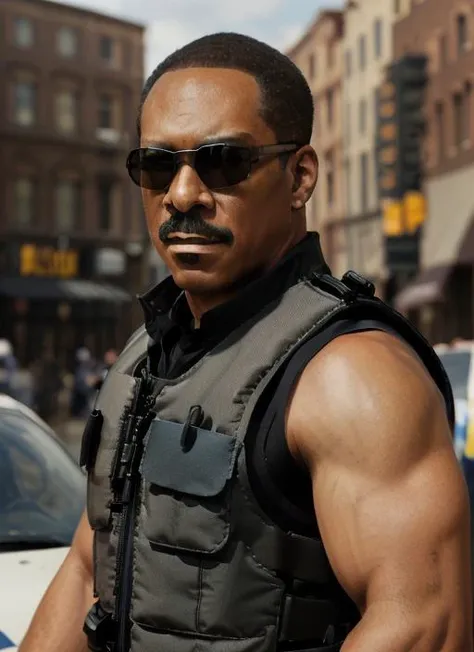 em1, man, one man, mustache, man wearing ((Tactical Police Vest, Ballistic Helmet, Sunglasses, Utility Belt, Pepper Spray)), masculine, photorealistic painting,  portrait, stunningly attractive(extremely detailed 8k wallpaper), highly detailed face, intricate, 8k, highly detailed, volumetric lighting, digital painting, intense, sharp focus, art by artgerm and rutkowski and alphonse mucha, cgsociety,  vibrant, dynamic atmosphere, photorealistic,
 <lora:EddieMurphy:1>