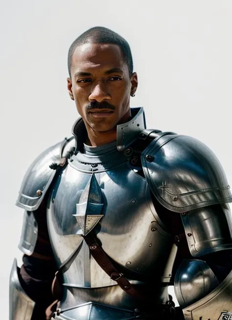 a photo of (em1), a man (wearing knight armor), (simple white background), (focus on face:1.2), (masterpiece:1.2), (photorealistic:1.2), (best quality), (detailed skin:1.2), (intricate details), (8k), (HDR), (cinematic lighting), (sharp focus), (close-up:1.2), (looking at viewer:1.1) <lora:EddieMurphy:1>