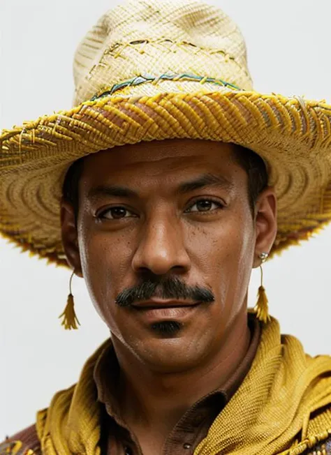 a photo of (em1), a man with a mustache (wearing spaghetti western costume), (blue and yellow poncho) (wide brim sombrero) (simple white background), , (masterpiece:1.2), (photorealistic:1.2), (best quality), (detailed skin:1.2), (intricate details), (8k), (HDR), (cinematic lighting), (sharp focus), (close-up:1.2), (looking at viewer:1.1) <lora:EddieMurphy:1>