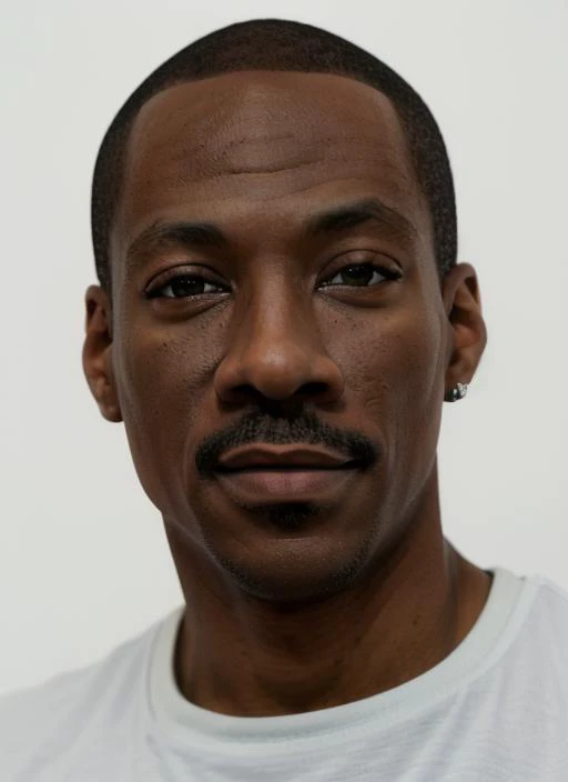 a photo of (em1), a man (wearing t-shirt), (simple white background), (focus on face:1.2), (masterpiece:1.2), (photorealistic:1.2), (best quality), (detailed skin:1.2), (intricate details), (8k), (HDR), (cinematic lighting), (sharp focus), (close-up:1.2), (looking at viewer:1.1) <lora:EddieMurphy:1>