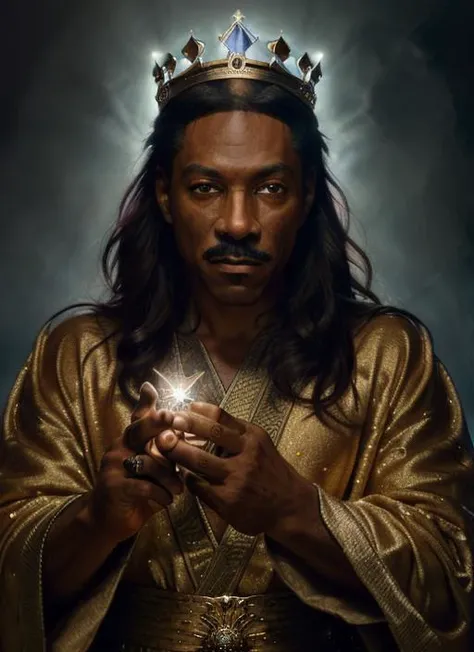 em1, man, one man, mustache, man wearing ((Shimmering Robe, Crown of Shadows, Crystal Orb of Chaos, Dark Staff, Enchanted Dagger)), masculine, photorealistic painting, portrait, stunningly attractive(extremely detailed 8k wallpaper), highly detailed face, intricate, 8k, highly detailed, volumetric lighting, digital painting, intense, sharp focus, art by artgerm and rutkowski and alphonse mucha, cgsociety, vibrant, dynamic atmosphere, photorealistic,
<lora:EddieMurphy:1>