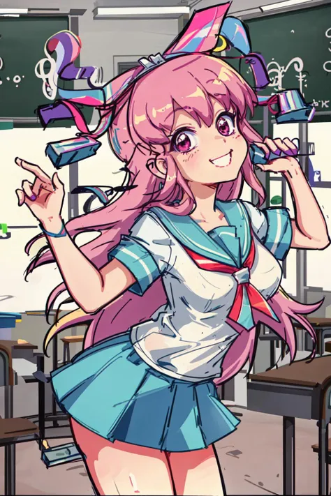 giffany, school uniform, (cable bow:1.3), 1girl, solo, smile, dynamic angle, masterpiece, best quality, colorful, <lora:giffany_v12:1>