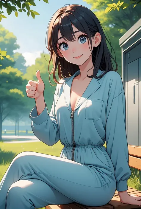 (((masterpiece))), (((best quality))), (((park bench))), (((public toilet entrance with restroom sign))), ((sitting cross-legged)), ((half unzipped)), deep-v light blue jumpsuit onesie, pants, thumbs up, mouth drool, seductive smile, trees, outdoor, greenery, solo, 1girl, ((cleavage)), ((big tits)), ribbon, brown updo, chignon, sweat, shy, blush, petite figure, slim figure, ((raining)),<lora:girllikeparkbench:0.8>