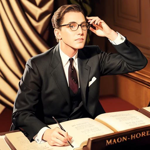 (t0ml3h3r) wearing glasses and suit and tie, performing on stage behind piano, ((1950s magazine illustration style)), draped colorful curtains behind, lush plants, (rich colors), dark shadows, high quality, glimmering, caucasian, white, european, jewish, drawing, cartoon, painting
<lora:LehrerYay:.85>