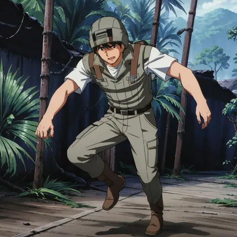 masterpiece,high quality,jungle,base,tropical rainforest,
<lora:shirohamada001:0.7>,
shirohamada,1boy,
short hair,black hair,brown eyes,
helmet,
military uniform,vest,white shirt,short sleeves,
belt,pants,
boots,
full body,running,