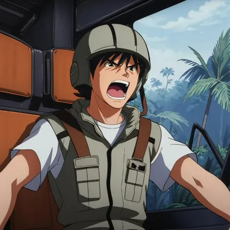 masterpiece,high quality,jungle,cockpit,
<lora:shirohamada001:0.7>,angry,shouting,
shirohamada,1boy,
short hair,black hair,brown eyes,
helmet,
military uniform,vest,white shirt,short sleeves,