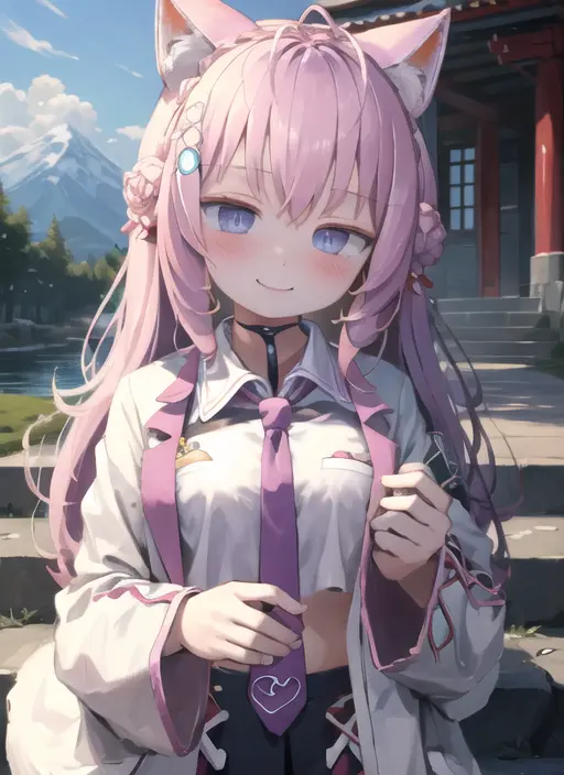 <lora:chii1ep3_0.95dim32:1>, <lora:koyori-000015:1>, def1, upper body, smile, blush, outdoors, day, simple background, blue sky, sky, temple, looking at viewer, stairs, mountain, moody lighting, facing viewer,