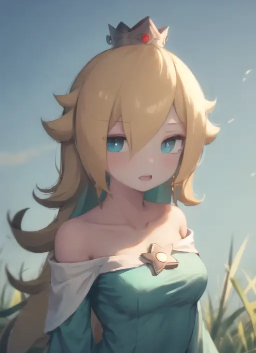 <lora:chii1ep3_0.95dim32:1>, <lora:ros1-000020:1>, 1girl, standing, aqua dress, looking at viewer, simple background, outdoors, grass, sky, crown, upper body,