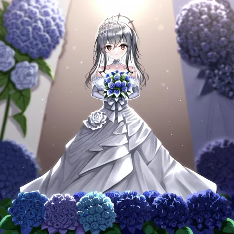 wedding dress, gloves, red rose, bow, hands up, hydrangea, grey choker, grey sleeves, sparkle, looking at viewer, iruma miu, short sleeves, taihou (azur lane), full body, :d, :p, off shoulder, own hands together, bracelet, blurry background, elbow gloves, halo, holding bouquet, blue flower, flower, medium hair, blue eyes