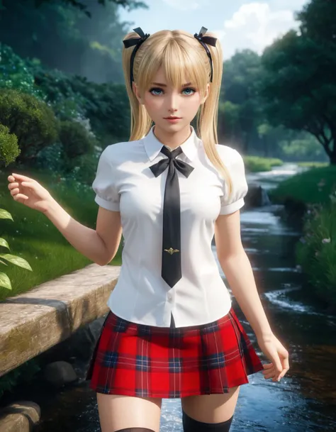 (photorealistic:1.2, Fujifilm XT3), fantasy, landscape shot of river, (full-body shot, wide angle), wet and shiny skin, (22 year old girl in white short sleeved blouse and plaid miniskirt in the wind, panties visible under skirt), black tie, black thigh highs, garden, after rain, godrays, rainbow, european, Marie Rose (Dead or Alive), (large breasts:1.2), (intricate details:1.2), blonde hair, long twintails with black ribbons, skinny, soft body, large head, beautiful eyes, large eyes, cute face, symmetric features, detailed hands, detailed fingers, <lora:add-detail-xl:1>, <lora:marie_rose2:0.3>, <lora:face_xl_v0_1:0.7>, (masterpiece:1.2), (epic composition:1.4), (talent:1.2), ultra detailed, cinematic lighting, highly detailed, insanely detailed, (photorealistic:1.2), hdr, 8k, exquisite, sharp, elegant, ambient lighting, fantasy vivid colors, high quality,
