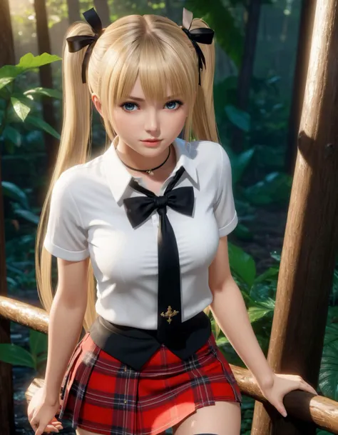 (photorealistic:1.2, Fujifilm XT3), fantasy, landscape shot of jungle, (full-body shot, wide angle), wet and shiny skin, (22 year old girl in white short sleeved blouse and plaid miniskirt in the wind, panties visible under skirt), black tie, black thigh highs, wooden fence, sunset, reflection, dusk, european, Marie Rose (Dead or Alive), (huge breasts), (intricate details:1.2), blonde hair, long twintails with black ribbons, thin waist:0.5, wide hips:0.3, large head, beautiful eyes, large eyes, cute face, symmetric features, detailed hands, detailed fingers, <lora:add-detail-xl:1>, <lora:marie_rose2:0.3>, <lora:face_xl_v0_1:0.7>, (masterpiece:1.2), (epic composition:1.4), (talent:1.2), ultra detailed, cinematic lighting, highly detailed, insanely detailed, (photorealistic:1.2), hdr, 8k, exquisite, sharp, elegant, ambient lighting, fantasy vivid colors, high quality,