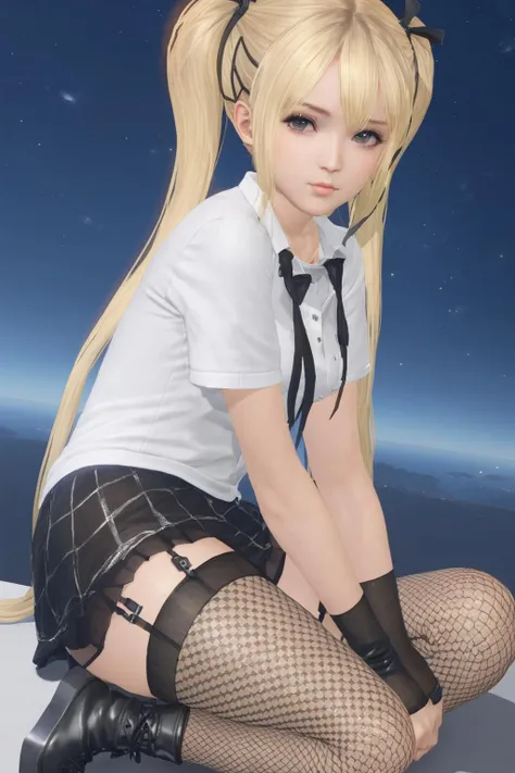 masterpiece, best quality, 1girl, shirt, blonde hair, star \(sky\), twintails, crossed legs, fishnet thighhighs, boots, sitting on person, <lora:marie_rose1-000008:0.6>