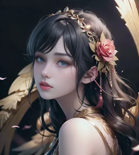 (masterpiece, top quality, best quality, official art, beautiful and aesthetic:1.3)(RAW photo, best quality), (realistic, photo-realistic:1.3), masterpiece, hyper detail, intricate details, CG, unity, 2k wallpaper, Amazing, dramatic light, Phoenix dress, 1girl, black dress, lace trim, solo, flower, detail bright eyes, jewelry, hair ornament, necklace, wings, bare shoulders, black hair, bird, rose <lora:phoenixdressV.2-0000010:0.8>   <lora:eyesMaybeBetter_v10:0.8>