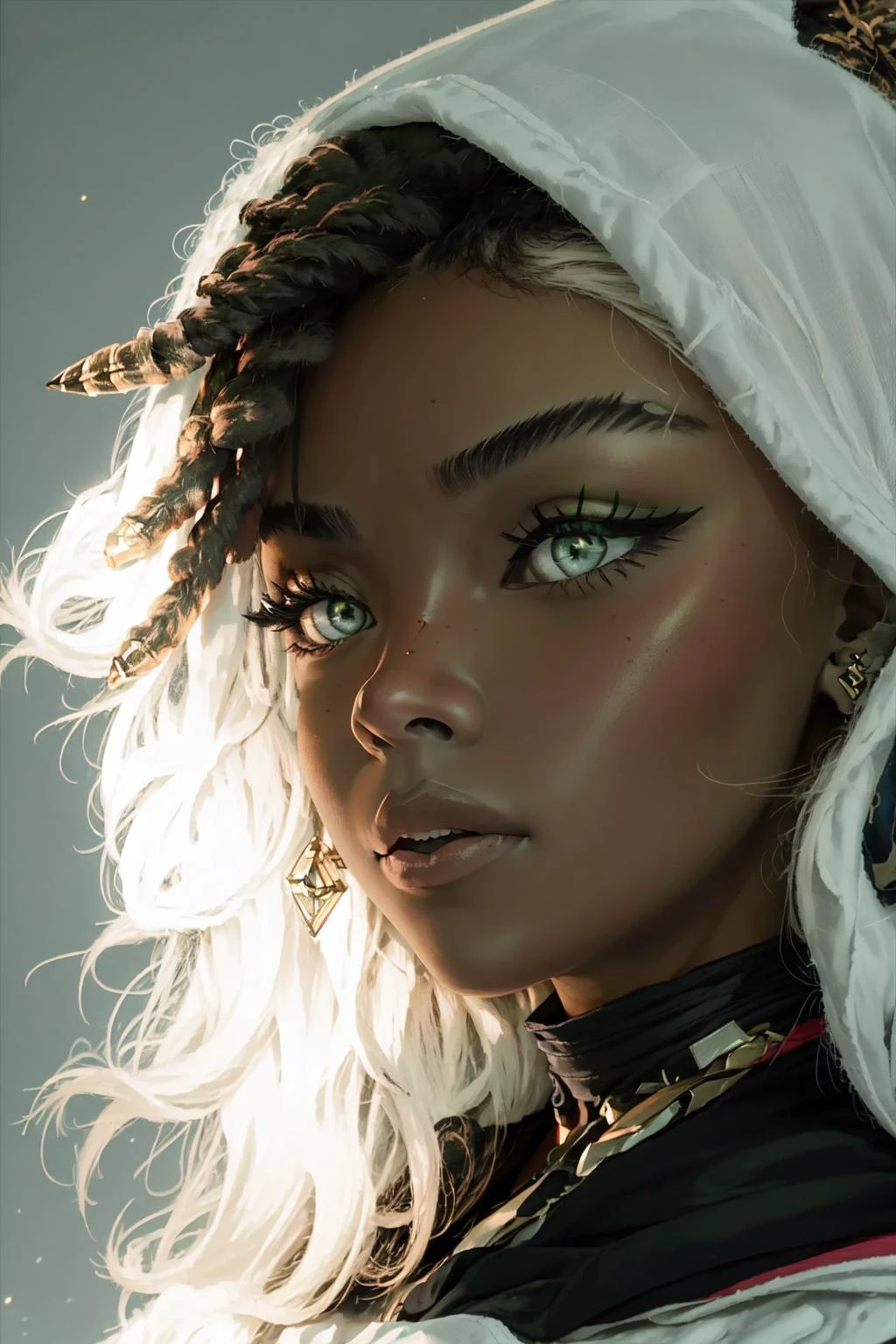 best quality, intricate details,
1girl, <lora:sennaLeagueOfLegends_v10:0.8> senna \(league of legends\), 1girl, dark-skinned female, dreadlocks, hooded cape, green eyes, solo, detailed face, ultra detailed eyes, looking at viewer, cowboy shot, upper body, lich, necromancer, undead, brightness, light rays,
<lora:egirlAesthetic_v10:0.8> <lora:beautifulDetailedEyes_v10:0.8>
