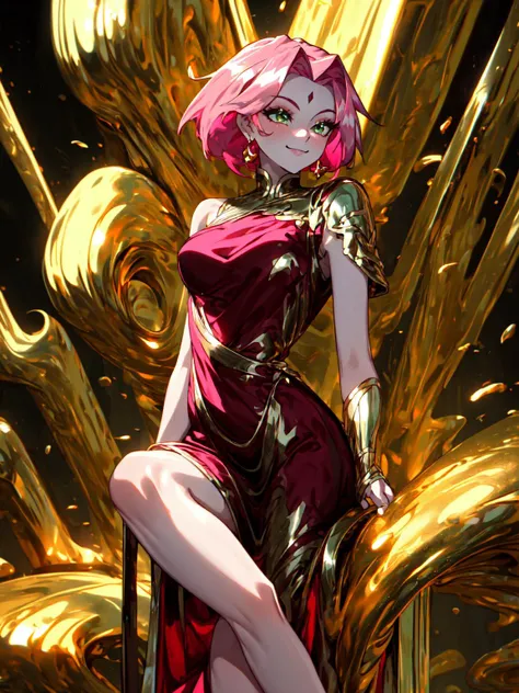 best quality,<lora:add_detail:0.25>, (1girl, solo, adult female, mature female), <lora:detailed_eyes:1>, <lora:concept_goodHands:1>, 
<lora:style_liquidGold_(LQDGOD):0.8>, LQDGOD,
<lora:character_harunoSakuraNaruto_lykon:0.65>, haruno sakura, pink hair, green eyes, LQDGOD embroidery, LQDGOD trim, red dress, LQDGOD forehead mark, dress, smile, LQDGOD makeup, [biceps, leg muscles]