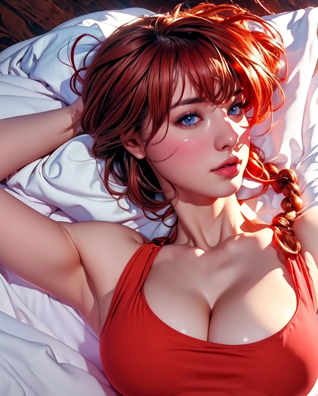 RanmaChan, ((RanmaUnderwear | red hair | white transparent T-shirt)), single braid, natural blush, detailed face, blue_eyes, bold eye shadow, bold eyeliner, big_breasts, abs mucles, slim fit body, narrow waist, white silky skin, realistic skin, (sleep on your back on red bed | chinese nuance | chinese ornaments), sunny day, (cowboy shot), dramatic lighting, volumetric lighting, sun glare, sharp focus, detailed background, dim colors, soothing tones, masterpiece, best quality, highres, official art, pureerosface_v1, epiCRealism, octane render, <lora:Detail_Tweaker:0.6> <lora:RanmaChanV2:0.7> <lora:detailed_eyes:0.3>