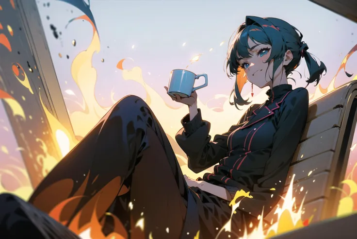 <lora:beautifulDetailedEyes_v10:0.5>, <lyco:vividImpactfulStyleYoneyamaMai_v40hLocon:0.3>, (masterpiece), anime girl sitting on the chair and everywhere on the fire, smug face, holding a mug,