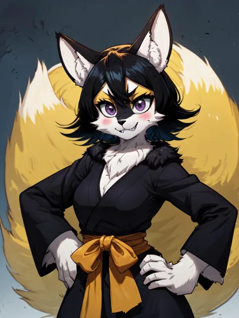 best quality,<lora:add_detail:0.3>, (1girl, solo, adult female, mature female), <lora:detailed_eyes:1>, <lora:concept_goodHands:1>,
<lora:concept_kitsuneAi:1>, (furry:1.2, fluffy fur:1.2), detailed fur, fox girl, fangs, claws, (body fur:1.4), fox ears, fox tail,
smug, smile, smirk, small breasts, grin,
<lora:character_rukiaBleach_v10:0.8>, black hair, purple eyes, (black kimono), cowboy shot, hands on hips,