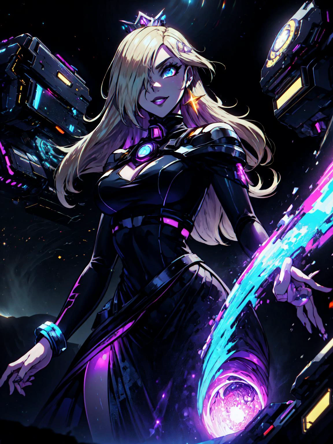 (masterpiece:1.2, best quality:1.2, beautiful, high quality, highres:1.1), detailed, extremely detailed 4K, perfect eyes, perfect face, perfect lighting, <lora:add_detail:0.25>,
(1girl, solo, adult female, mature female), <lora:concept_goodHands:1>, <lora:detailed_eyes:1>,
<lora:character_rosalina-08:0.9>, long blond hair, blue eyes, hair over one eye, crown, glowing eyes,
<lora:style_ultraBlackholeTech_(ulblackholetech--excessive energy--scifi):0.85>, ulblackholetech, scifi, cowboy shot,
purple lipstick, purple eyeliner, smile, ulblackholetech scifi dress, space station background,