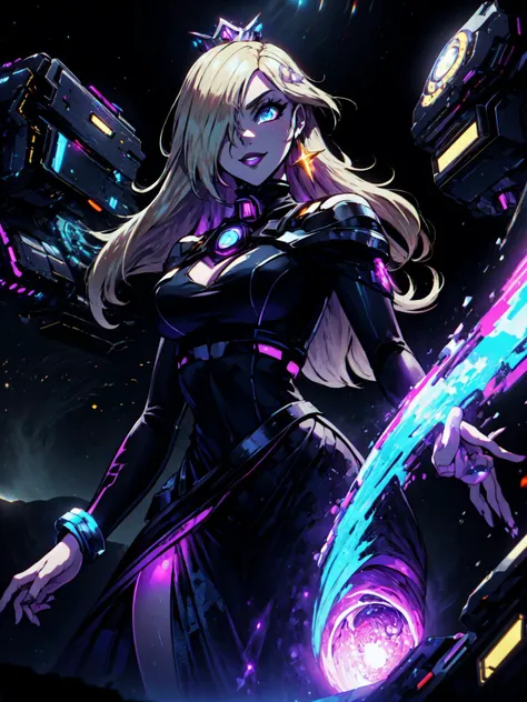 (masterpiece:1.2, best quality:1.2, beautiful, high quality, highres:1.1), detailed, extremely detailed 4K, perfect eyes, perfect face, perfect lighting, <lora:add_detail:0.25>,
(1girl, solo, adult female, mature female), <lora:concept_goodHands:1>, <lora:detailed_eyes:1>,
<lora:character_rosalina-08:0.9>, long blond hair, blue eyes, hair over one eye, crown, glowing eyes, 
  <lora:style_ultraBlackholeTech_(ulblackholetech--excessive energy--scifi):0.85>, ulblackholetech, scifi, cowboy shot,
purple lipstick, purple eyeliner, smile, ulblackholetech scifi dress, space station background,