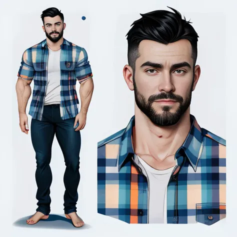 (CharacterSheet:1.2),
(one male), very detailed masculine face, heroic, detailed realistic open eyes, (muscular:1.5), narrow waist, (black hair), (slight smile), wearing open plaid shirt, jeans with a (large bulge), barefoot.
(multiple views, full body, upper body, reference sheet:1.2), head shot, upper body, (simple background, white background),Realistic, photoreal, High contrast, high saturation, highly detailed, high quality, masterpiece, volumetric light, vibrant colors, bokeh, depth of field.
<lora:BeautifulEyes:0.9>
<lora:CharacterDesign_Concept:0.7>