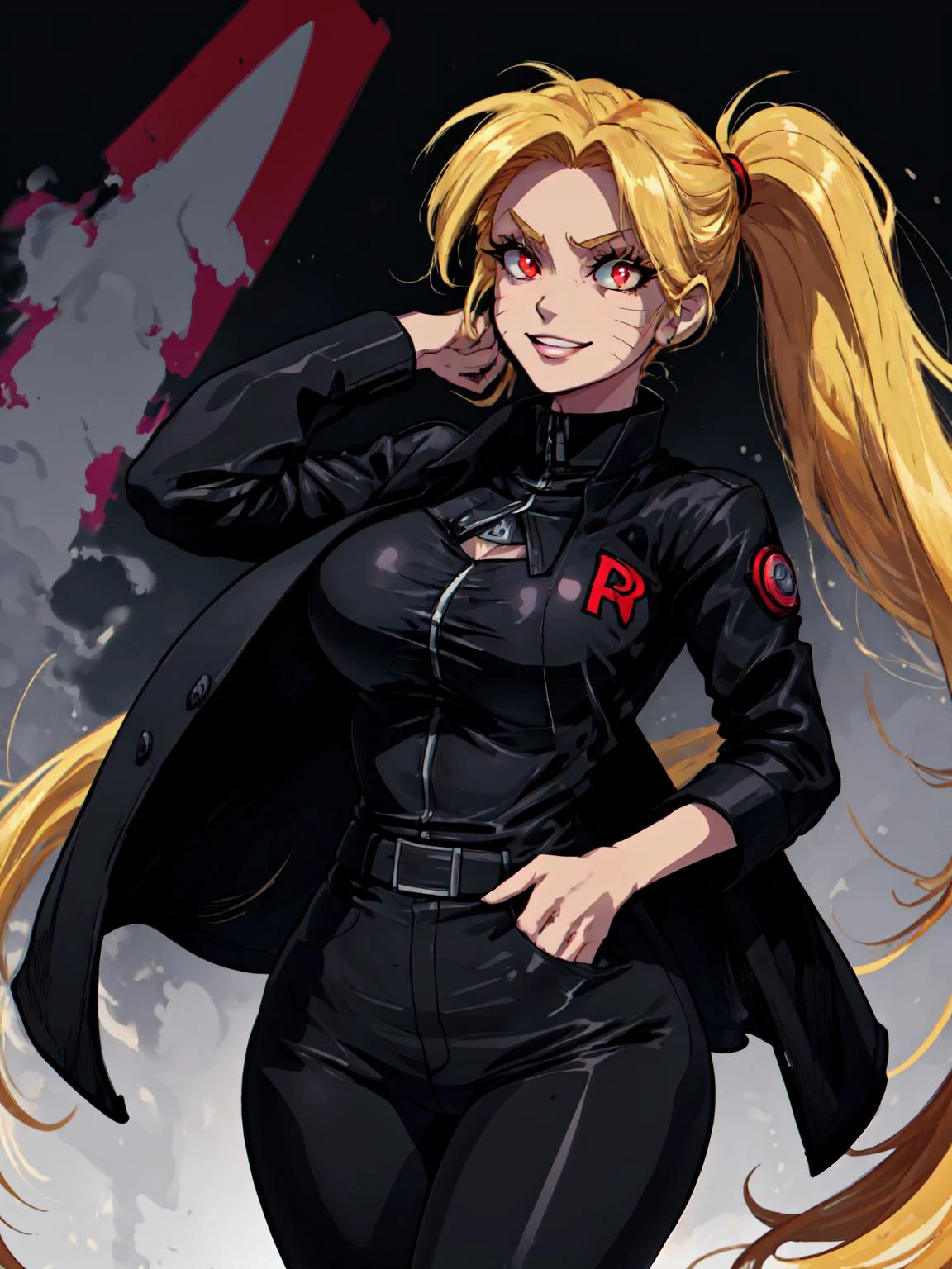 best quality,<lora:add_detail:0.25>, (1girl, solo:1.2, adult female, mature female), <lora:detailed_eyes:1>,
<lora:concept_changeACharacter_TeamRocket_(TMRckt--team rocket--team rocket uniform--clothes writing):0.7>, TMRckt, team rocket, (team rocket suit, clothes writing),
hourglass figure, large breasts,
blond hair, very long ponytail, (slicked back hair:1.1), glowing red eyes, red eyes, glowing eyes, slit pupils, evil smile, (business suit:1.3, tight pants, tight clothes, suit jacket:1.3, closed jacket:1.1, buttoned jacket:1.2, white collared shirt:1.3), team rocket background, hands in pockets,
<lora:character_narukoUzumaki_(NarukoUzumaki):0.2>, NarukoUzumaki
Naruko: <lora:character_naruko:0.45>, naruko \(naruto\),