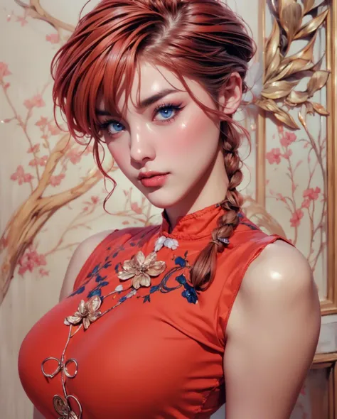 RanmaChan, ((RanmaRedShirt | red hair | big breasts | perky breasts)), single braid, natural blush, detailed face, blue_eyes, bold eye shadow, bold eyeliner, abs mucles, slim fit body, narrow waist, white silky skin, realistic skin, (chinese room nuance | chinese ornaments | sultry expression | seductive), (cowboy shot), dramatic lighting, sharp focus, detailed background, dim colors, soothing tones, masterpiece, best quality, highres, official art, pureerosface_v1, epiCRealism, octane render, <lora:Detail_Tweaker:0.6> <lora:RanmaChanV2:0.7> <lora:detailed_eyes:0.3>